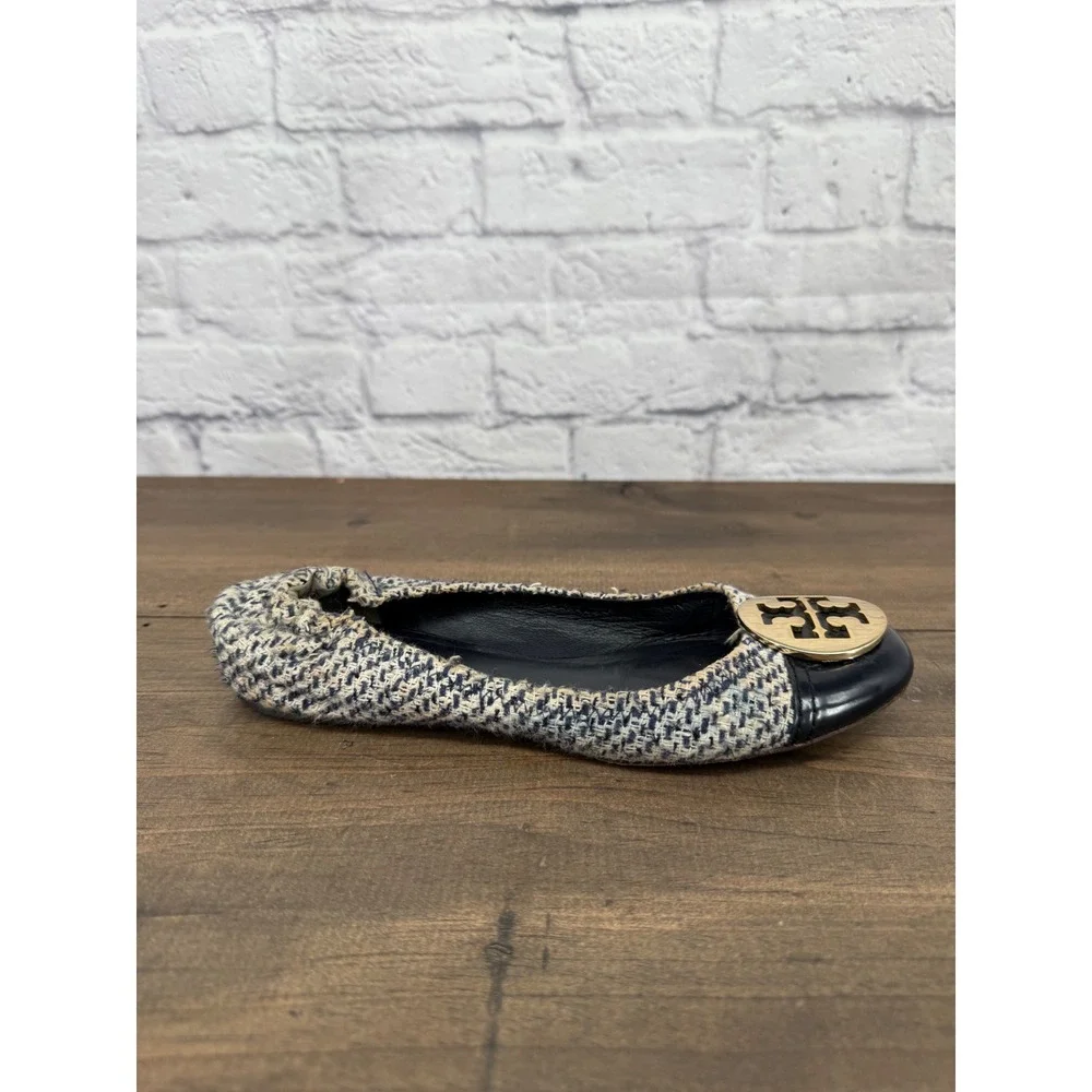 Tory Burch Reva Tweed Ballet Flats Blue Ivory Gold Logo Cap Toe Size 7